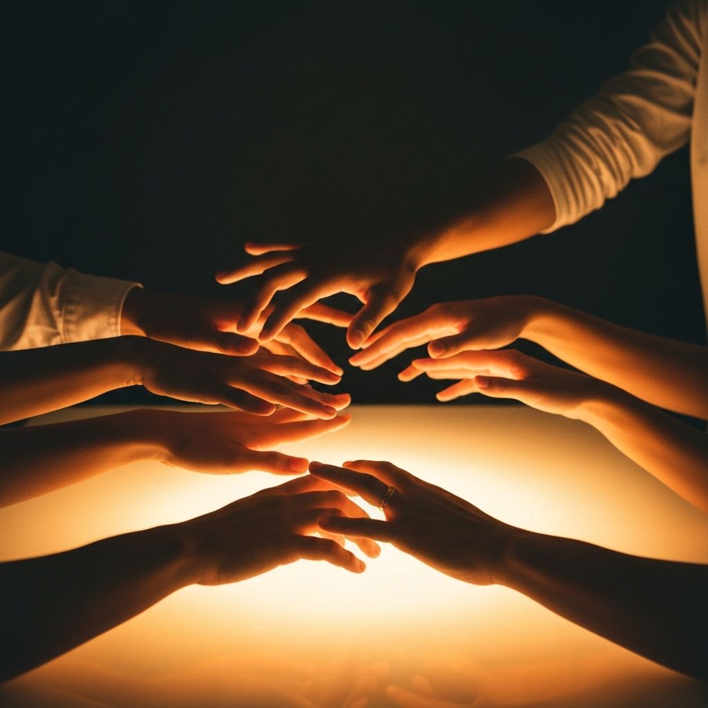 Human hands reaching together over light, symbolizing collaboration and trust