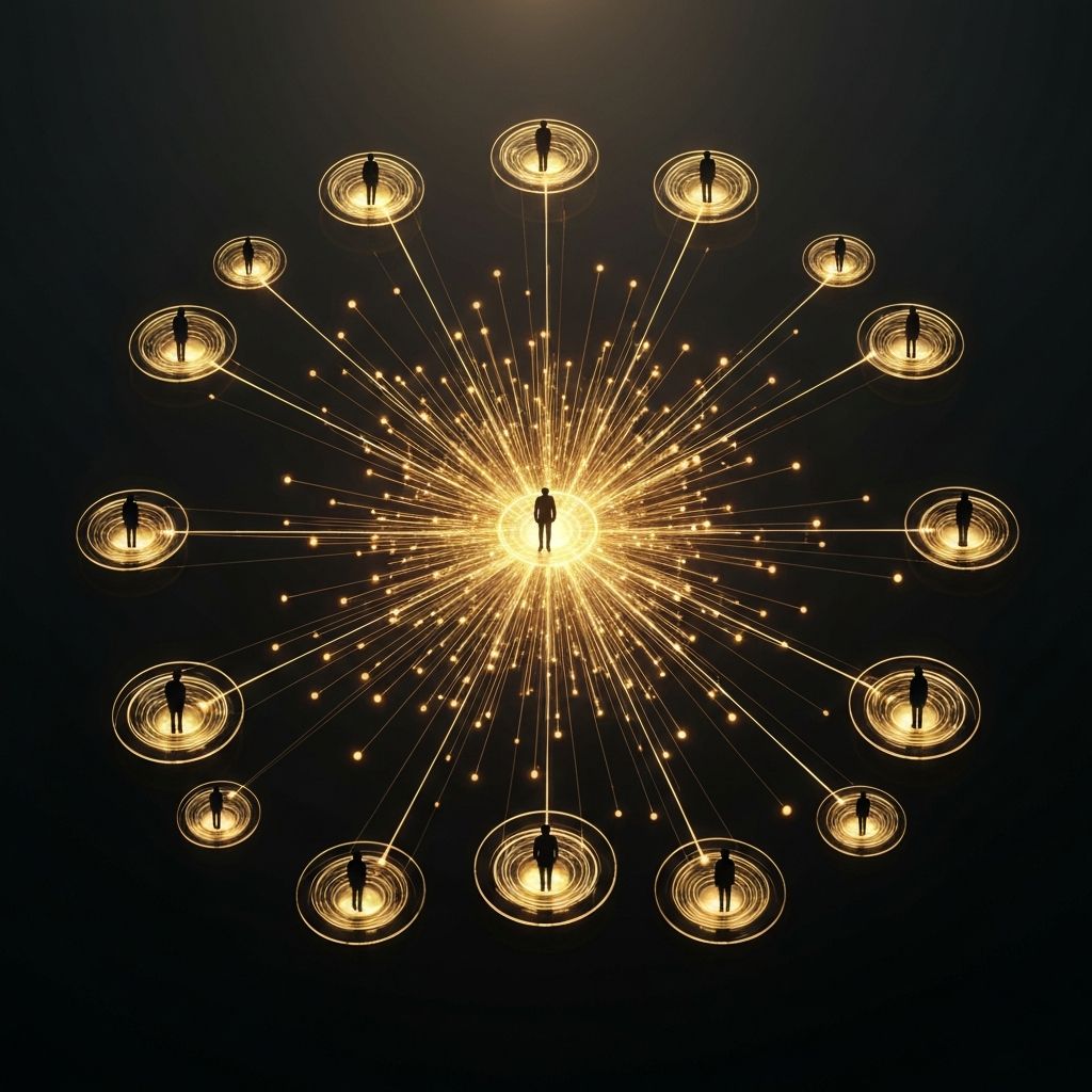 A glowing network of infinite customer touchpoints pulsing with warm amber connections