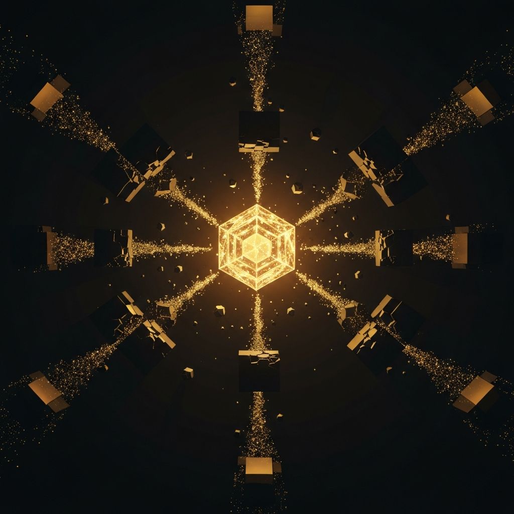 Golden data streams converging from scattered silos into a unified crystalline structure