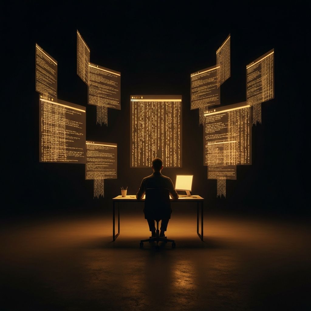 A developer commanding infinite software creation through holographic golden code screens