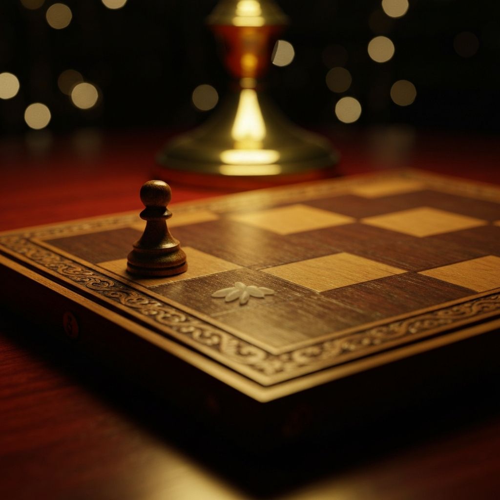 A chessboard with a single grain of rice