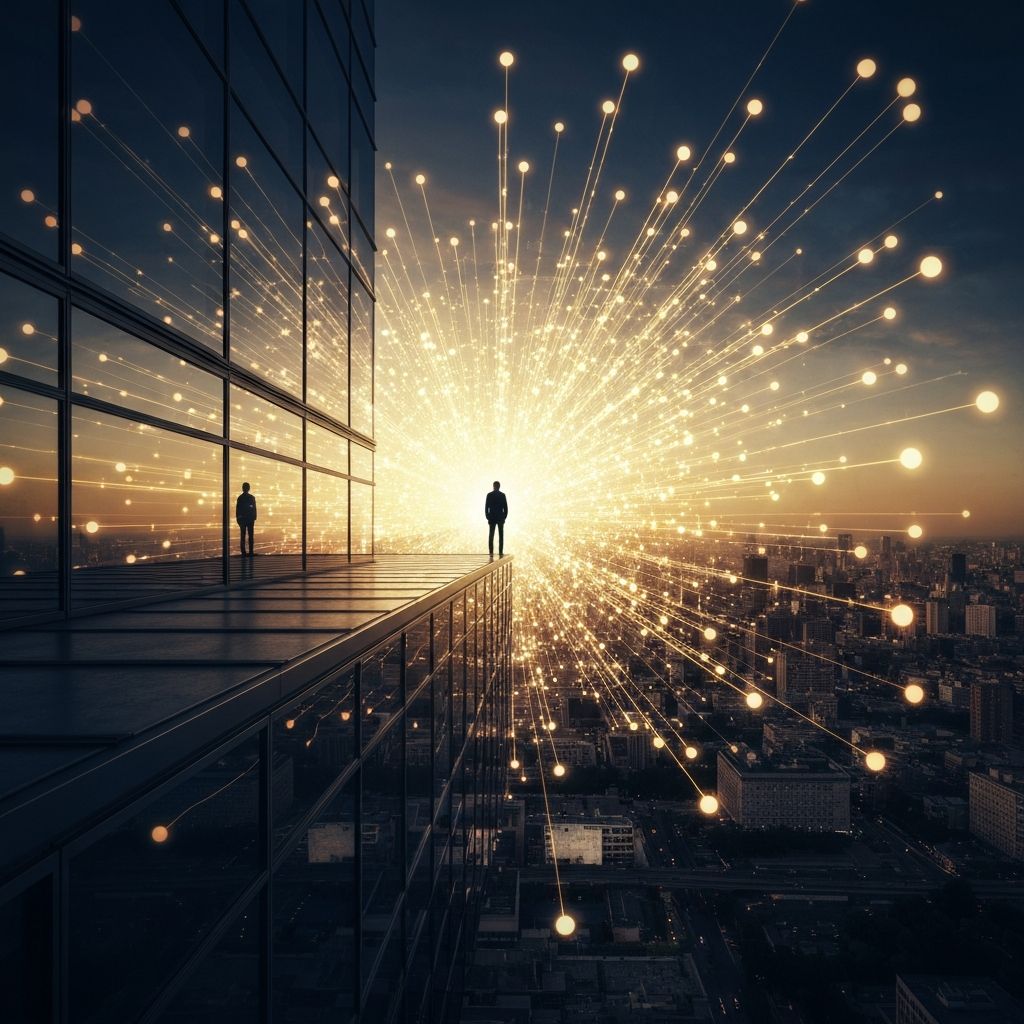 A single person silhouetted against a vast digital landscape, symbolizing the one-person billion-dollar company vision